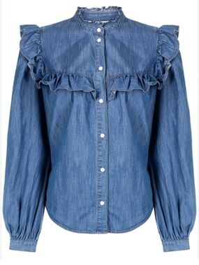 Veronica Beard "Tes"Ruffled Chambray Denim Button Up Shirt Medium Indigo, Size 4
